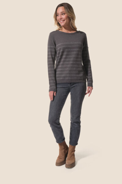 Pull femme col rond avec boutons épaules et rayures métallisées Mosaline