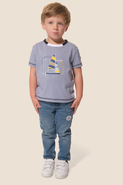 Tee-shirt garçon uni col rond bicolore avec animation Hublot Mode Marine