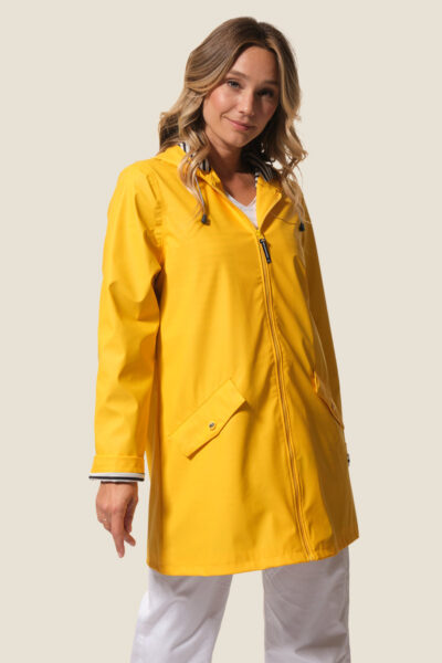 ciré femme zippé à capuche mi-long, doublé jersey rayé et nylon, Lola