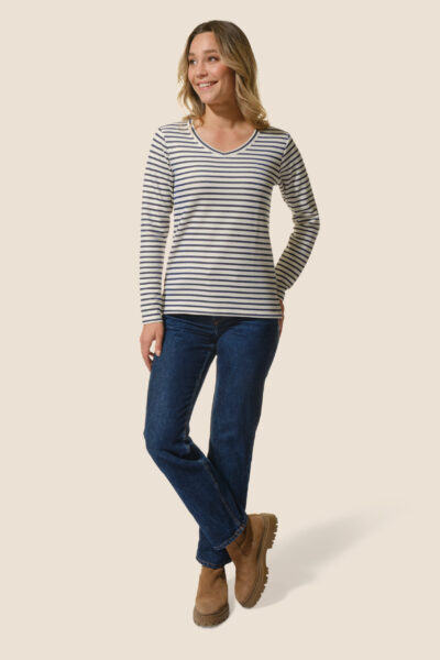 Tee-shirt femme rayé manches longues avec col V, Alice