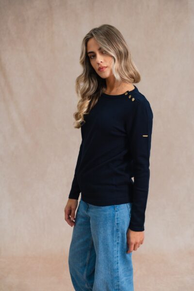 Pull femme à rayures col rond, boutons épaules, Gabrielle