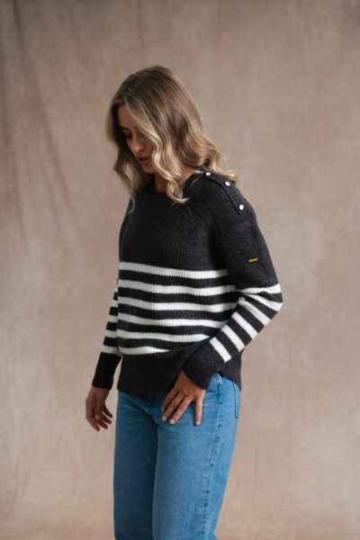Pull femme col rond avec boutons épaules, en côte perlée Michelle